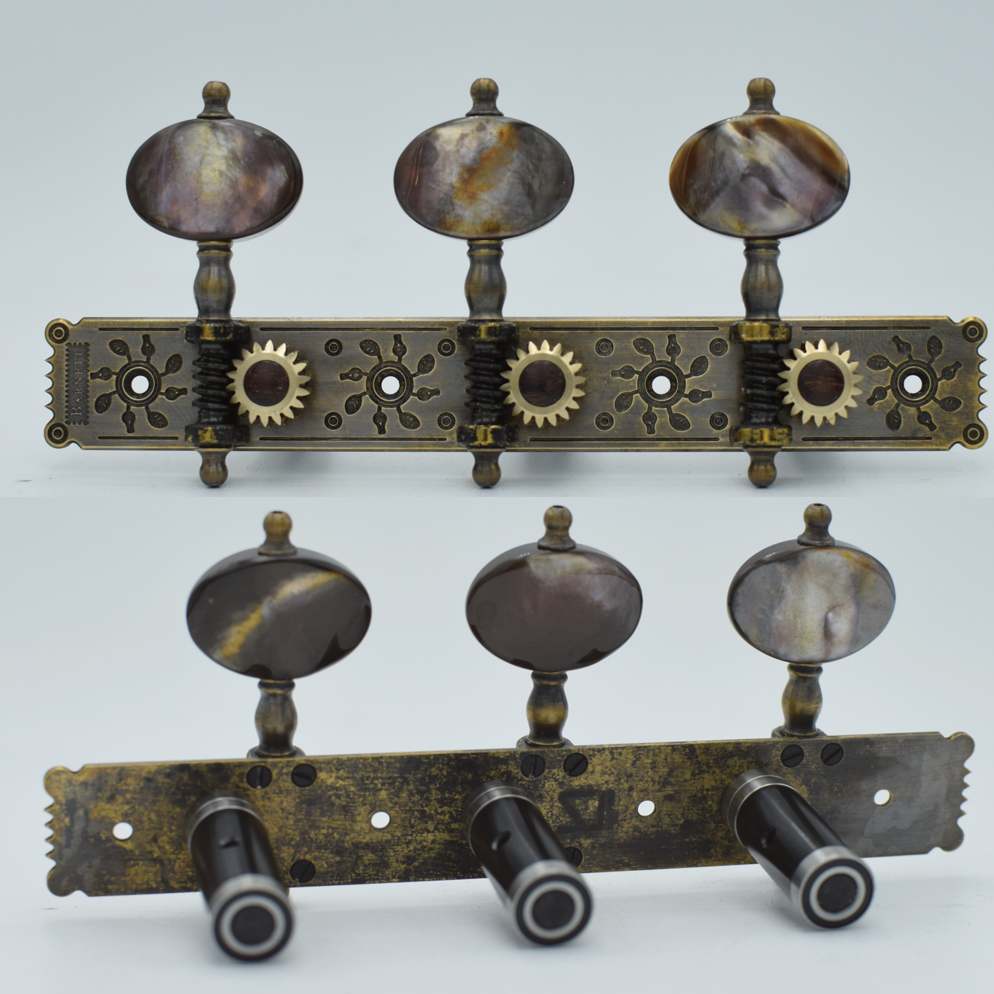 In Stock: Baker Plate, Antique Finish, Black Mother of Pearl Buttons, Black Rollers