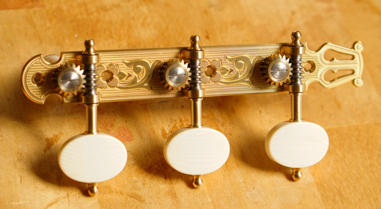 In Stock: 36mm, Lyre Plate Brass, Engraved, Ivoroid Button, Ivoroid Rollers