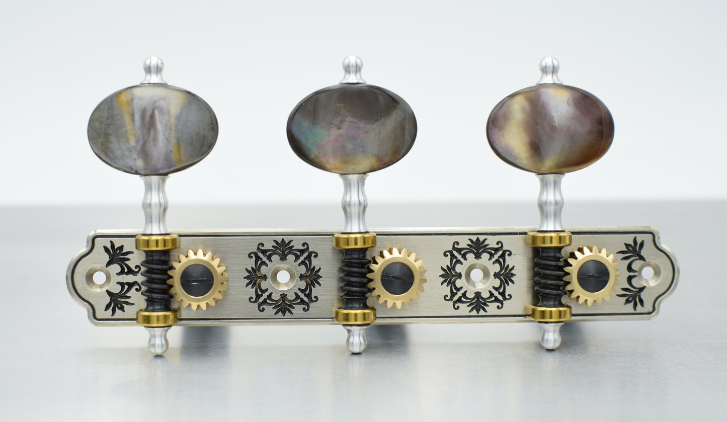 B-Ware: Trinity Brass, Nickel Plated, Black MOP buttons, Black Rollers