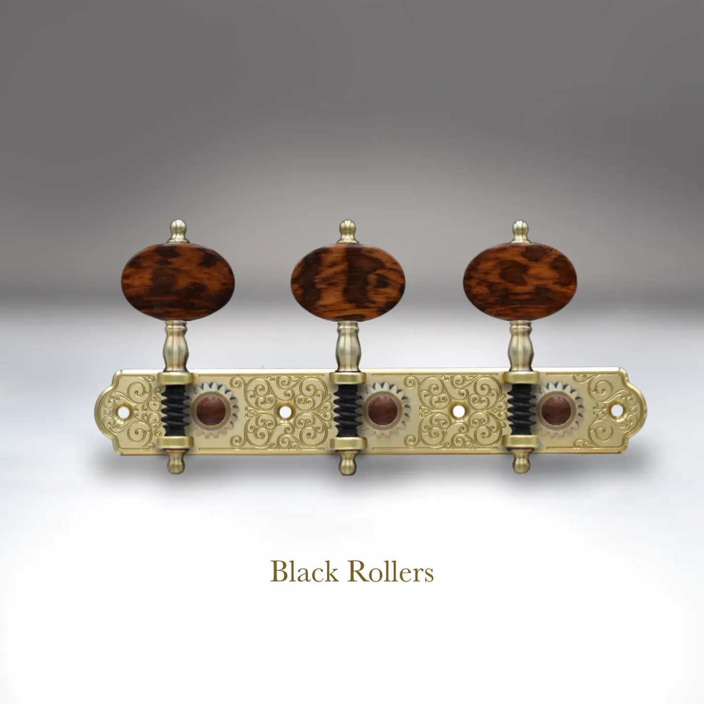 In Stock: Trinity Plate, Scroll Engraving, Snakewood Buttons, Black Rollers