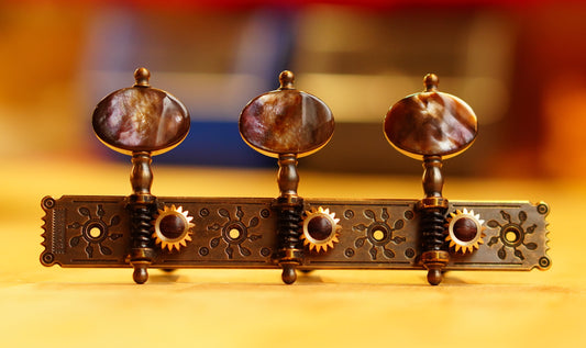 In Stock: Baker Plate, Antique Finish, Black Mother of Pearl Buttons, Black Rollers