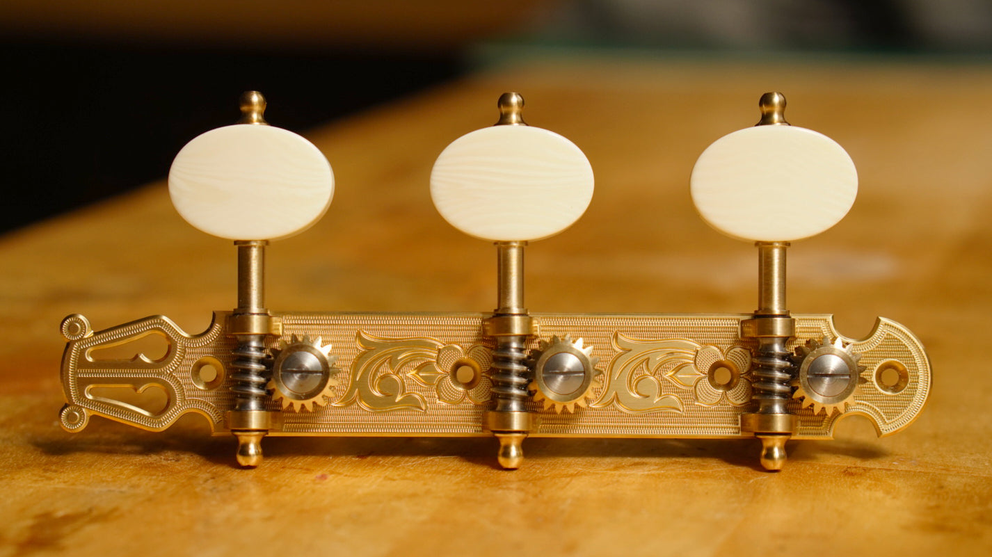 In Stock: 36mm, Lyre Plate Brass, Engraved, Ivoroid Button, Ivoroid Rollers