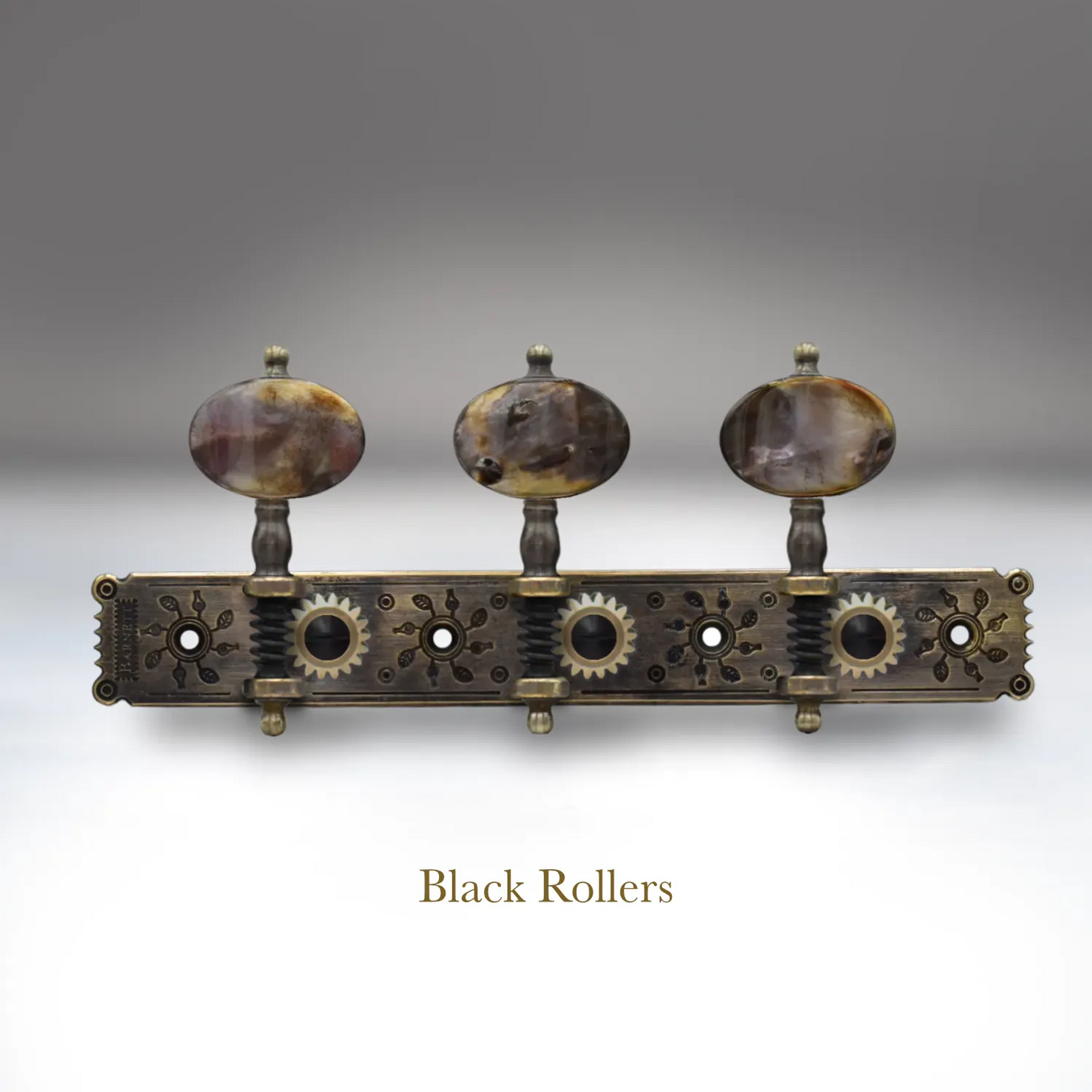 In Stock: Baker Plate, Antique Finish, Black Mother of Pearl Buttons, Black Rollers